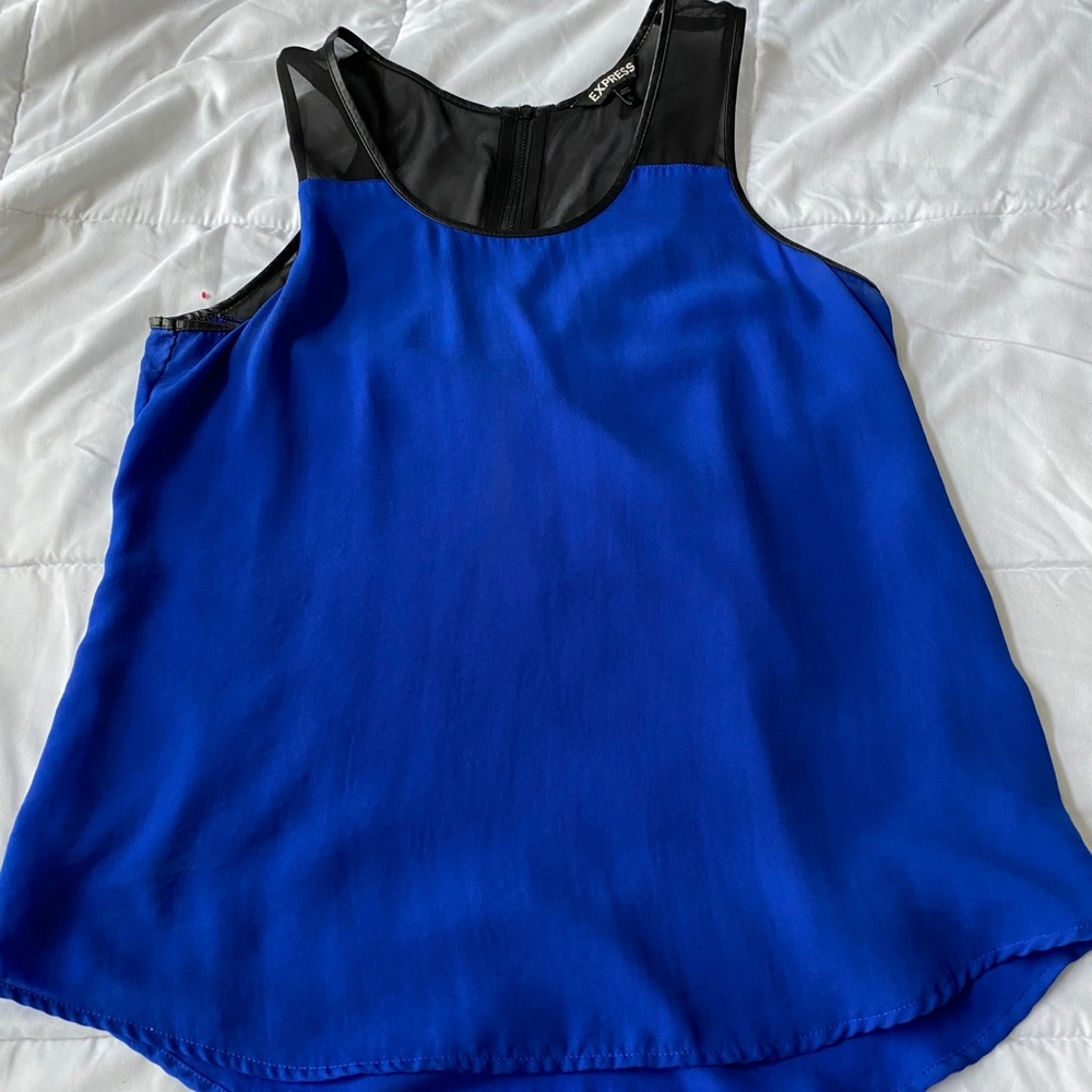 Sleeveless leather lined blue and black blouse